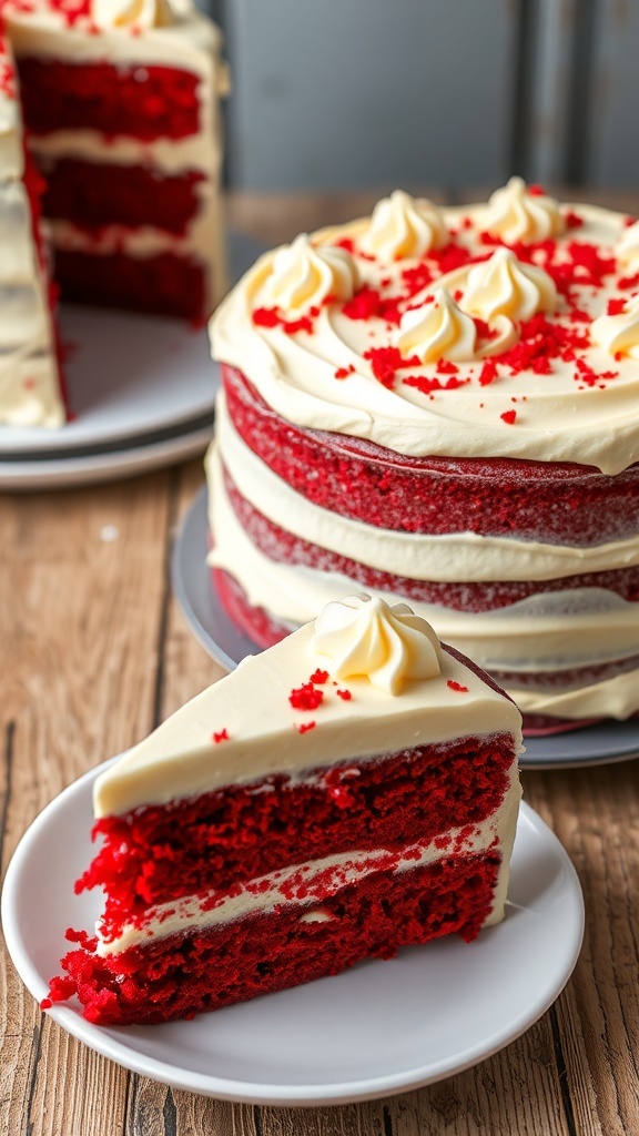 A classic red velvet cake with cream cheese frosting, garnished with red velvet crumbs, on a rustic wooden table.